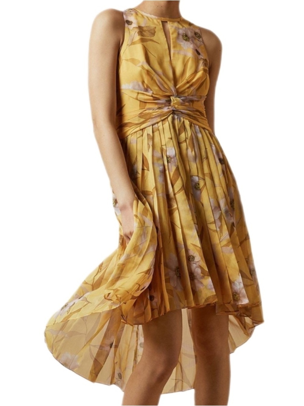 Ted Baker Fabulas Pleated High/Low Midi Twist-Waist Dress size 1 (4) Mustard